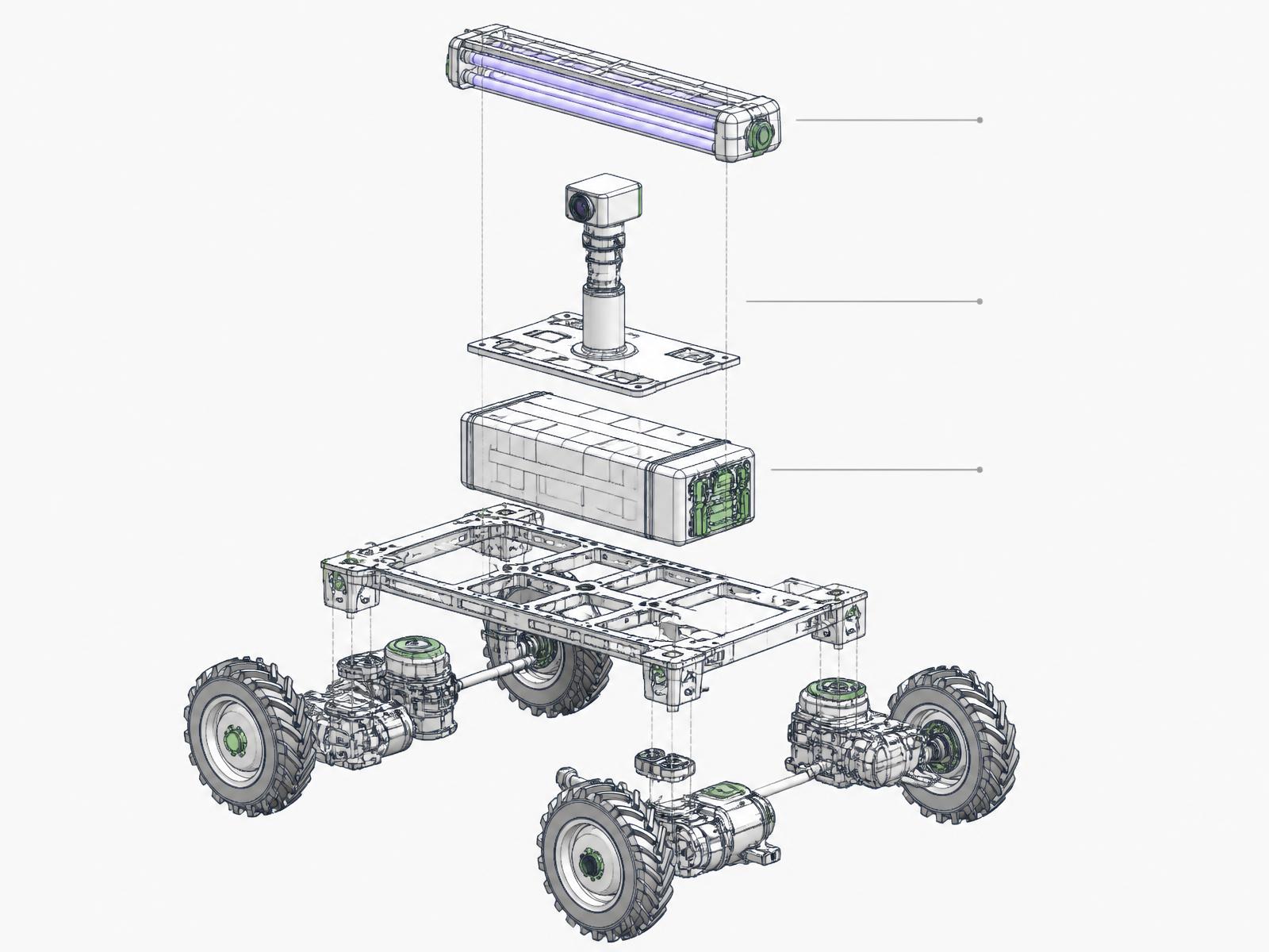 Exploded view diagram of the Spica platform showing the UV-C module, camera mast, battery pack and chassis as separable layers